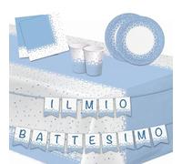 Lage Kit Decorazione Tavola per Festa Bimbo, stoviglie per Battesimo, Compleanno, Comunione, Cresima, Celeste e Bianco, 24 Bicchieri, 24 Piatti, 40 Tovaglioli, 1 Tovaglia e 1 Festone con Bandierine