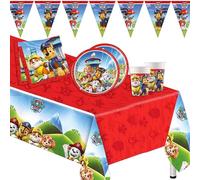 Lage Kit Festa di Compleanno Paw Patrol, Stoviglie Addobbi Decorazione da Tavola per Party Bambini - Set da 24 Bicchieri, 24 Piatti, 40 Tovaglioli, 1 Tovaglia e 1 Festone Bandierine | per 24 Invitati