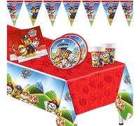 Lage Kit Festa di Compleanno Paw Patrol, Stoviglie Addobbi Decorazione da Tavola per Party Bambini - Set da 8 Bicchieri, 8 Piatti, 20 Tovaglioli, 1 Tovaglia e 1 Festone Bandierine | per 8 Invitati