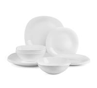 LaGlint Vetro Opalino Servizio da Piatti Set 12 Pezzi, Quadrati Bianco Servizio da Tavola con 4 Piatti Piani, 4 Piatti da Dessert, 4 Ciotole Cereali, Lavabile in Lavastoviglie, Adatto per Microonde