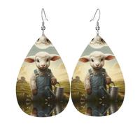 L'agnello con il bollitore. orecchini in pelle stampata su entrambi i lati int e forma di gocce d'acqua, creativo, leggero e romanzo, colori vivaci e vivaci.