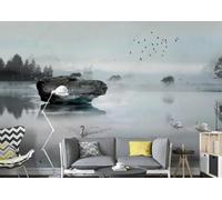Lago Cigno Alberi Uccelli In Volo Arte 3D Carta Da Parati Facile Installare Mobili Sfondi Ufficio Divano Camera Letto Sfondo Decorazione Murale-150cm×105cm