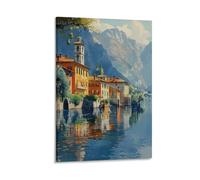 Lago di Como - Stampa artistica da parete con pittura ad acquerello sul Lago di Como, stampa artistica da parete con cornice artistica da 60 x 90 cm
