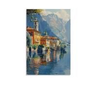 Lago di Como - Stampa artistica da parete con pittura ad acquerello sul Lago di Como, stampa artistica da parete, illustrazione italiana, senza cornice, 60 x 90 cm