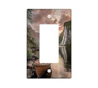 Lago di montagna interruttore luce piastra di copertura/coperture di uscita, riflessi tramonto con una barca di legno, piastre di parete termoplastiche, dimensioni standard singolo Rocker