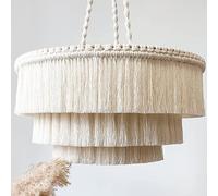 lagom Lampadario a sospensione con nappe in stile bohémien, 3 luci, realizzato a mano, stile bohémien, in cotone, larghezza 58 cm, colore bianco crema