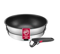 Lagostina Ingenio Inox, Set 3 Pezzi, Padella da 24 cm e Wok da 26 cm in Acciaio Inox, Rivestimento Antiaderente, Manico Rimovibile, Salvaspazio, Adatto a Tutte le Fonti di Calore, Inclusa Induzione