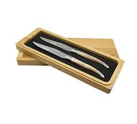 Laguiole en Aubrac - Set di 2 coltelli da bistecca in acciaio INOX completamente forgiato, con manico in corno massiccio, in acciaio INOX lucido