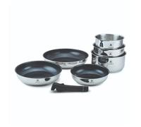 LAGUIOLE, Set cucina 7 pezzi in acciaio inox con rivestimento ceramico antiaderente, manico removibile, compatibile induzione, varie dimensioni, 3 pentole + 3 padelle, Argento