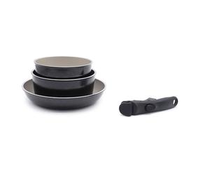 LAGUIOLE, Set cucina removibile, 2 pentole e 1 padella antiaderente, compatibile con tutte le fonti di calore, Alluminio, Rivestimento antiaderente, facile da pulire, 16/18/24 cm, Nero/Champagne