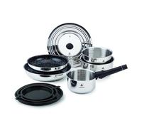 LAGUIOLE, Set da cucina 10 pezzi in acciaio inox con rivestimento ceramico antiaderente, compatibile con induzione, manico removibile, 3 pentole e 2 padelle, Argento