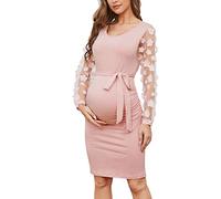 LAHILO - Abito midi premaman a maniche lunghe a vescovo in rete, floreale, per maternità, aderente, per baby shower, M