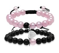 Lahkvor Set di 2 Bracciali Coppia Magnetici con Cuore e Infinito, Perle Lucide Nero e Rosa, Braccialetti Regolabili Regalo per San Valentino