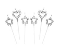 Lahviuu 2 PCS Candeline Compleanno a Cuore 4 PCS Particolari Candele di Compleanno a Forma Stellare per Decorazione della Torta di Feste di Compleanno e Matrimonio,Argento