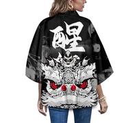 LAI MENG FIVE CATS Cardigan da donna con stampa floreale, kimono, ampio, camicetta casual, 25498 Nero, Taglia Unica