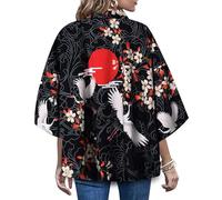 LAI MENG FIVE CATS Cardigan da donna con stampa floreale, maniche a sbuffo, kimono, ampio, casual, camicetta top, Nero 12934(2), Taglia Unica