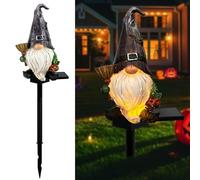 LAIAMER Luci solari da giardino a forma di gnomo con pipistrello e zucca, luci da giardino per esterni, Halloween, decorazione autunnale, statua di gnomi con pipistrello e zucca, luci da giardino