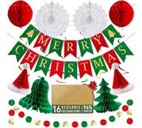 LAIBUY Confezione di decorazioni natalizie riutilizzabili di alta qualità, decorazioni natalizie vintage per interni, striscione di buon Natale e carta a nido d'ape da appendere per la casa o