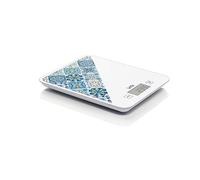 LAICA KS5013B Bilancia Cucina Digitale Mediterranean Breeze - 10kg, Blu | Display LCD, vetro temperato, design italiano ispirato alle maioliche, appendibile, calcola volume acqua, alta precisione 1g