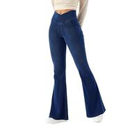 LaiEr Donna Bootcut Jeans V Crossover Vita Alta Pull on Casual con Controllo Pancia Skinny Yoga Pants,Denim ad Alta Elasticità in Tessuto Morbido,Pantaloni Fitness a Campana,Blu Scuro,S