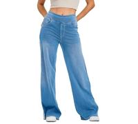 LaiEr Jeans a Gamba Larga Donne,Design Unico a Blocchi di Colore,Vita Alta con Controllo del Ventre,Fit Sviluppato Adatti per Pantaloni di Jeans Baggy con Alta Elasticità(BluMedioChiaro,XL)