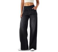 LaiEr Jeans a Gamba Larga Donne, Vita Alta, Gambe dritte, vestibilità Sciolta, Jeans Casual Molto Elastici, Adatto per Yoga, Fitness e Sport di Tempo Libero.(Grigio Scuro XL)