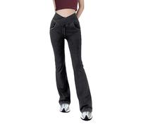LaiEr Pantaloni Yoga Donna con Incrocio a V,Vita Alta Controllo dell'anca Fitness Casual Skinny,Pantaloni da con Taglio a Zampa e Stampa Denim Leggings Fitness Svasati con Tasche Laterali,Grigio,M