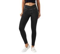 LaiEr V Crossover Skinny Jeans Donna Vita Alta Controllo Pancia Leggings Fitness Casual, Elasticità Morbida Stampa Denim Finto Casual con Tasche Laterali.(Nero S)