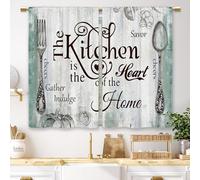 Laifzere Teal Farmhouse Rustic Kitchen Curtains Wooden Wood Small Short Cafe Window Curtains Vintage Fork Spoon Retro Rod Pocket Bathroom Living Room Bedroom Drapes Treatment 2 Panels (27.5x39 Inch)