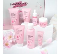 LAIKOU Kit per la Cura Della Pelle Sakura, 7 Pezzi Kit Protezione Solare da Viaggio, Set Detergente Viso con Cleanser Tonico Maschera di fango Essenza Occhi Crema Idratante Toner Protezione Solare