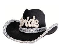 LAIOUSN Elegante cappello western con lettere di perle per addio al nubilato con paillettes scintillanti orlo largo Fedora per addio al nubilato matrimonio cappello western, Nero , Taglia unica
