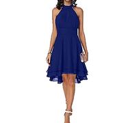 LaiYuTing Abito Estivo Donna Abito Elegante A Strati A Vita Alta con Scollo all'Americana Abito Longuette Senza Maniche in Chiffon Tinta Unita Vestito Midi Slim da Festa, Blue, L