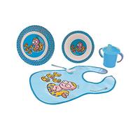 laken set di stoviglie di melamina 5 pezzi: piatto fondo Grande, ciotola, tazza di apprendimento, Bavaglino E cucchiaio, katuki saguyaki epatado Blue