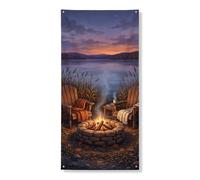 Lakeside Campfire Twilight Scene Rustic Door Covers 91 x 182 cm | Sedie Adirondack, Banner portico, Coperte accoglienti, Vista sul lago, Ambiente rustico della cabina, Paesaggio al crepuscolo