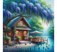 Lakeside Scenery Diamond Painting Kit for Adults,5D Round Full Drill Cottage Tree Ducks Diamond Art Kits,DIY Crystal Embroidery Gem Art Picture Craft for Living Room Home Decor 80x80 cm