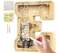 Lakpopya Salvadanaio Bambini Bambina in Legno Apribile Personalizzato di Lettre A-Z Trasparente con Adesivo & Pennarello & Cacciavite, Regali per Bambini (E)