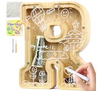Lakpopya Salvadanaio Bambini Bambina in Legno Salvadanaio Apribile Salvadanaio Personalizzato di Lettre A-Z Salvadanaio Trasparente con Adesivo & Pennarello & Cacciavite, Regali per Bambini (R)