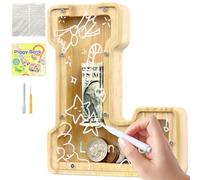 Lakpopya Salvadanaio Bambini Bambina in Legno Salvadanaio Apribile Salvadanaio Personalizzato di Lettre A-Z Salvadanaio Trasparente con Adesivo & Pennarello & Cacciavite, Regali per Bambini (L)