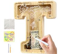 Lakpopya Salvadanaio Bambini Bambina in Legno Salvadanaio Apribile Salvadanaio Personalizzato di Lettre A-Z Salvadanaio Trasparente con Adesivo & Pennarello & Cacciavite, Regali per Bambini (T)