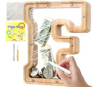 Lakpopya Salvadanaio Bambini in Legno con Lettere A-Z, Personalizzabile, Trasparente Apribile per Banconote, con Adesivi, Pennarelli Cancellabili e Cacciavite in Dotazione, Regalo per Bambini (F)