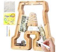 Lakpopya Salvadanaio in Legno per Bambini Personalizzato A-Z - Apribile Trasparente per Decorazione Regalo Battesimo (A)