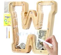 Lakpopya Salvadanaio in Legno per Bambini Salvadanaio Lettre Personalizzato di A-Z Salvadanaio Apribile Trasparente per Decorazione Regalo Battesimo (W)