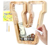 Lakpopya Salvadanaio per bambini con lettere in legno per A-Z Personalizzato salvadanaio trasparente alfabeto salvadanaio Salvadanaio regalo decorazione battesimo per ragazzi ragazze (V)