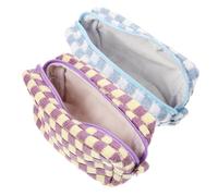 LALADEFIEE 2 pezzi Pochette Trucchi Scacchiera in Lana Borsa Makeup da Viaggio Donna Organizer Portatile con Zip Design Morbido e Resistente Blu e Giallo