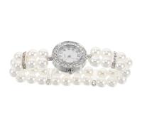 LALADEFIEE Bracciale Orologio Donna con Doppia Serie di Perle Elastiche e Strass, Accessorio Moda Vintage Elegante, Resistente in Lega e Plastica, per Feste Natalizie e Regali