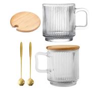 LALAFINA Set 2 Tazze da Tè in Vetro Trasparente con Manico Antiscottatura, Coperchio e Cucchiaino, Bicchiere da Colazione per Bevande Calde e Fredde, Tazza da Caffè e Acqua per Uso