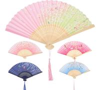 LALAFINA Set di 5 Ventagli Pieghevoli in Legno e Tessuto di Seta Design Antico, Pratici e Riutilizzabili, per Balli e Decorazioni retrò