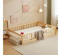 LALAHO Montessori - Lettino da pavimento 2 in 1 con cancelli liberi, protezione dalle cadute e rete a doghe, per bambini, letto singolo, portata fino a 300 kg, trasformabile (naturale)