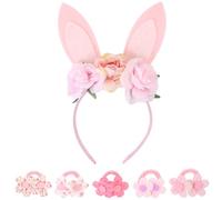LALASTYLE Cerchietto con orecchie da coniglietto rosa floreale con 5 elastici per capelli, accessori per capelli pasquali e primaverili, per donne, ragazze, addio al nubilato e feste a tema
