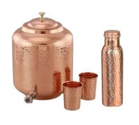 Lalit Kishori Brocca artigianale | Contenitori di calibro pesante con due bicchieri e una bottiglia | Dispenser di acqua tradizionale 100% puro rame martellato (marrone, capacità 4,5 litri)